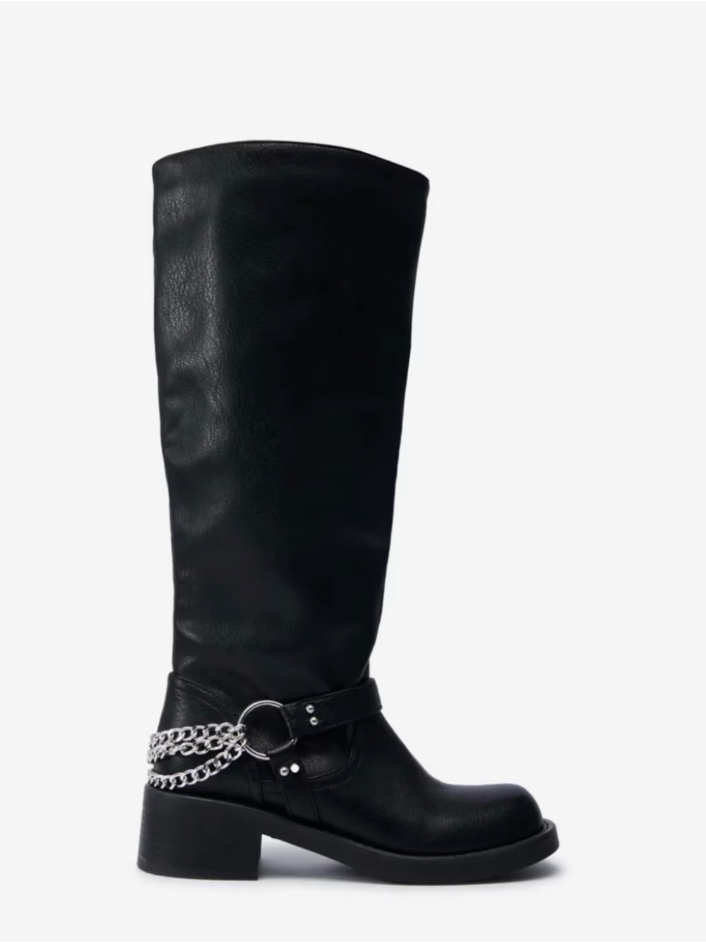 Azalea Wang Knee High Moto Boots Black Chain Biker Boots Size 10 NIB - Picture 2 of 6